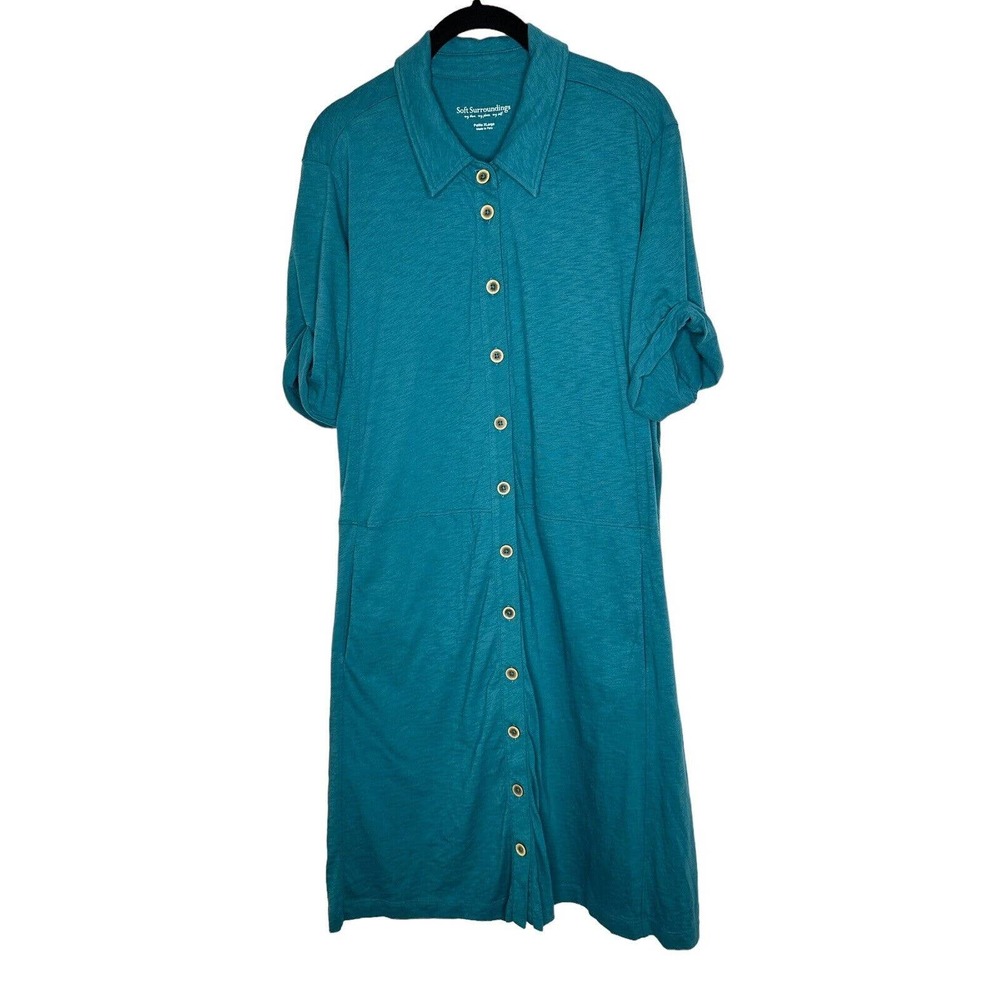 Soft Surroundings Womensβ Petite Dress Large Button Front Pockets Short Sleeve